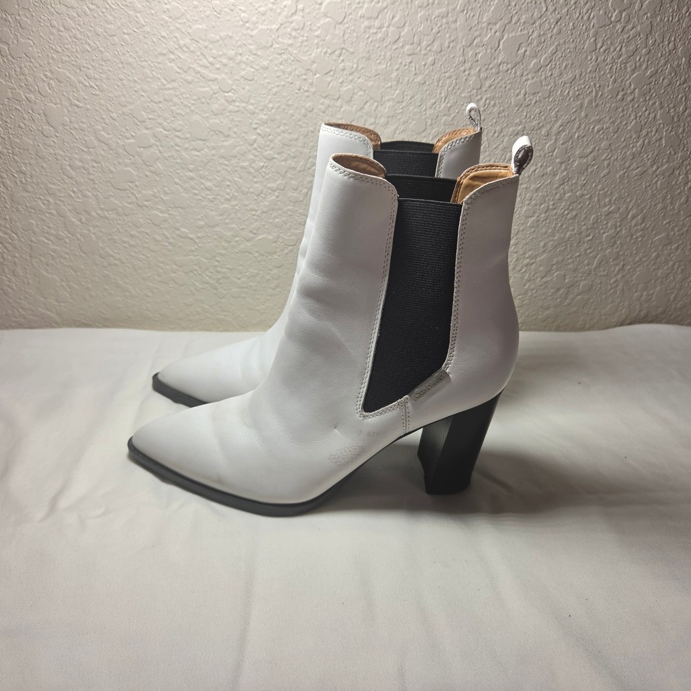 Calvin Klein White Leather Pointed Toe Block Heel Chelsea Ankle Boots 7.5M